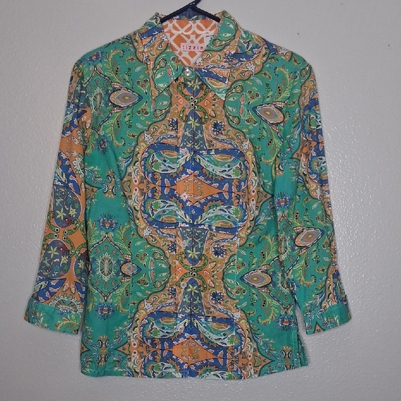 Tizzie Tops - Tizzie Long Sleeve Button Up Blouse Preppy Paisley Bright Colorful Cotton Size S